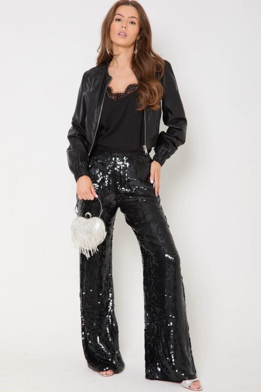 Black Sequin Wide Leg Pants